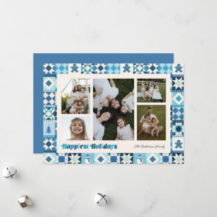 Cartes Pour Fêtes Annuelles Patchwork Joyeuses Fêtes Teintes de Bleu
