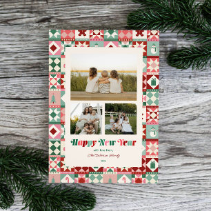 Cartes Pour Fêtes Annuelles Patchwork Nouvel An Rose Rouge Vert Trois Photos
