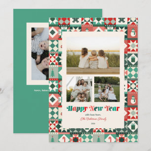Cartes Pour Fêtes Annuelles Patchwork Nouvel An Rouge et Vert Trois Photos