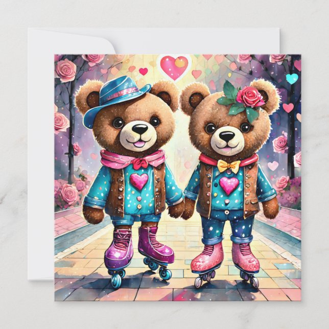 Cartes Pour Fêtes Annuelles Patinage à rouleaux Valentine nounours (Devant)