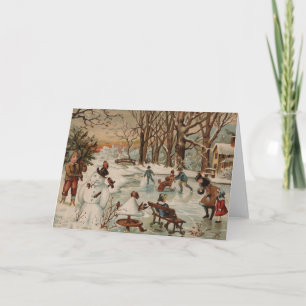 Cartes Pour Fêtes Annuelles Patinage de glace vintage de scène de Noël