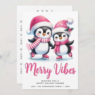 Cartes Pour Fêtes Annuelles Patinage sur glace Pingouins roses Joyeux Vibes No
