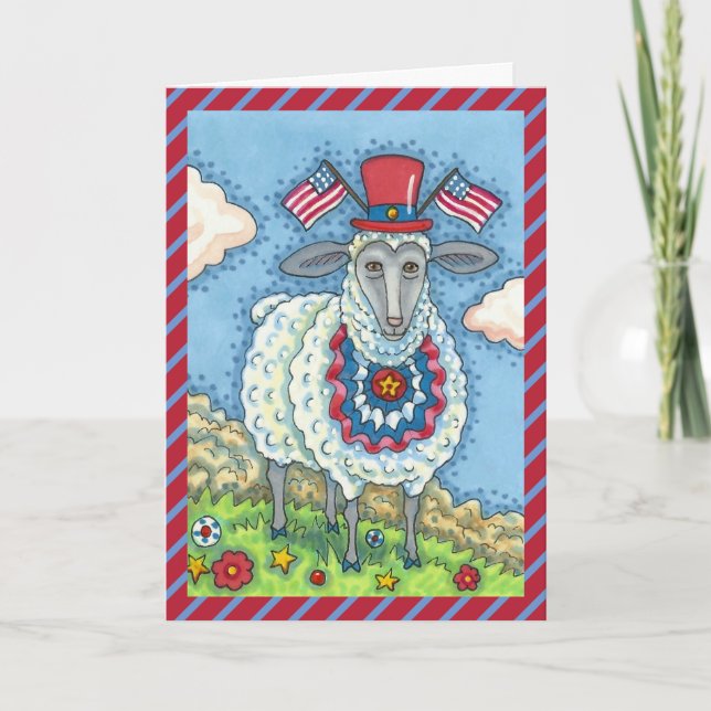 CARTES POUR FÊTES ANNUELLES PATRIOTE QUATRIÈME DE JUILLET SHEEP, L'ART DE FOLK (Devant)