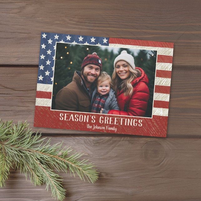 Cartes Pour Fêtes Annuelles Patriotic Christmas 1 photo American Flag (USA Flag design with a placeholder for 1 photo - Add a greeting and family signature)