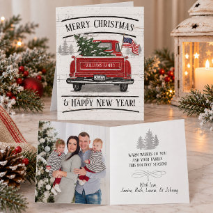 Cartes Pour Fêtes Annuelles Patriotique Noël Vintage Rouge Truck Drapeau Rusti