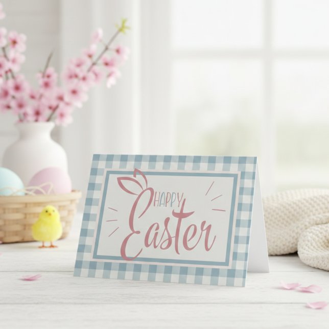 Cartes Pour Fêtes Annuelles Pays En vichy Bleu Joyeux Pâques Personnalisé (Country Gingham Blue Happy Easter Custom Holiday Card)