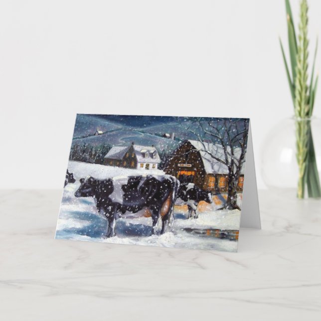 Cartes Pour Fêtes Annuelles PAYS NOËL : Holstein VACHES : NUIT NEIGE (Devant)