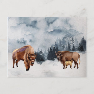 Cartes Pour Fêtes Annuelles Paysage aquarelle hiver bison buffle