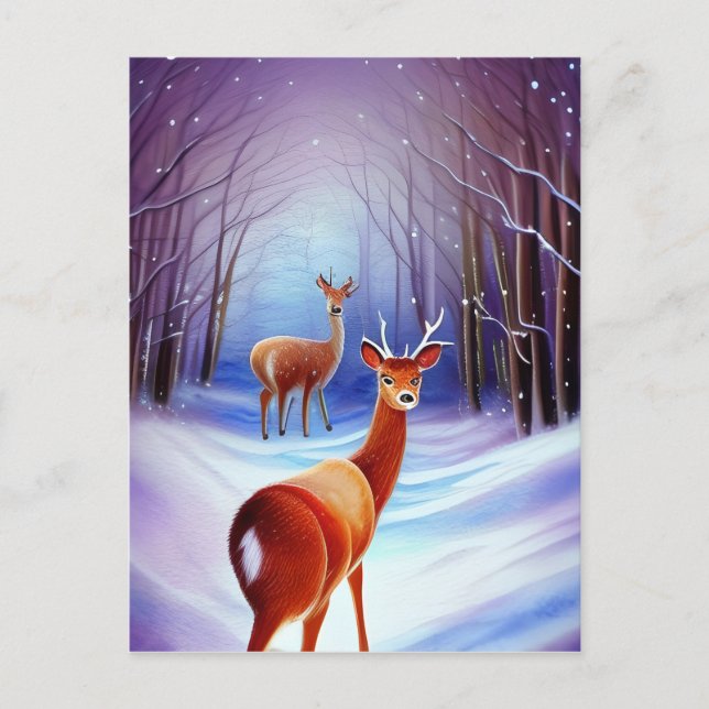 Cartes Pour Fêtes Annuelles Paysage de Fairytale Neige avec Chasing Deer (Devant)