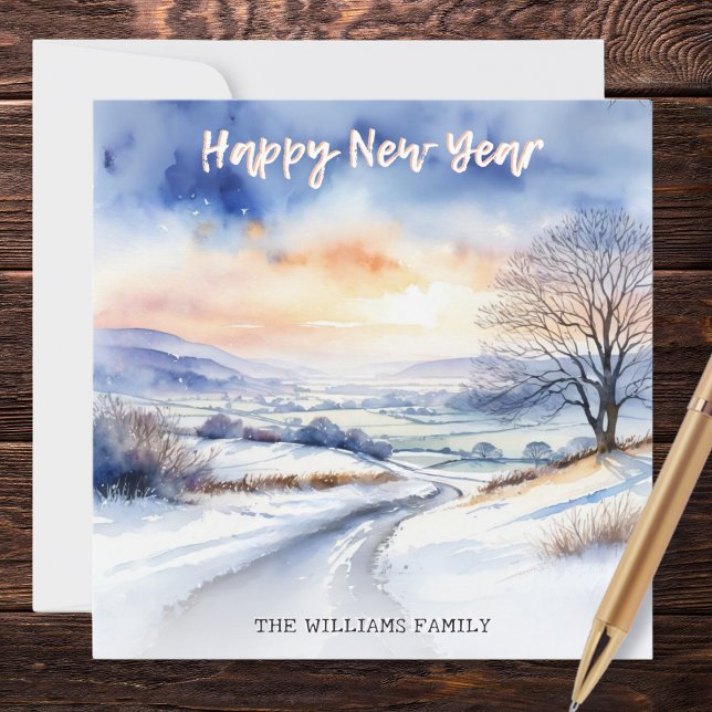 Cartes Pour Fêtes Annuelles Paysage de neige hivernal à l'aquarelle Bonne anné (Wish friends and family a Happy New Year with this personalized card, featuring a snowy landscape
)