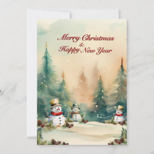 Cartes Pour Fêtes Annuelles Paysage d'hiver : pins et bonhommes de neige