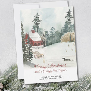 Cartes Pour Fêtes Annuelles Paysage hivernal à l'aquarelle Noël blanc