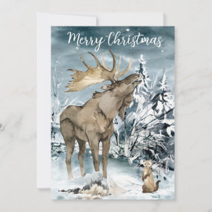 Cartes Pour Fêtes Annuelles Paysage hivernal Aquarelle Moose Christmas Postca