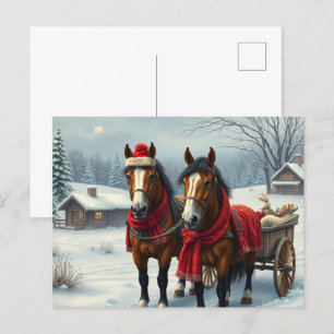Cartes Pour Fêtes Annuelles Paysage hivernal avec chevaux et Cabine