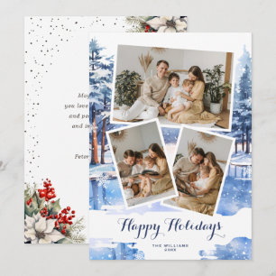 Cartes Pour Fêtes Annuelles Paysage hivernal Poinsettia Baies de houx Bleu Pho