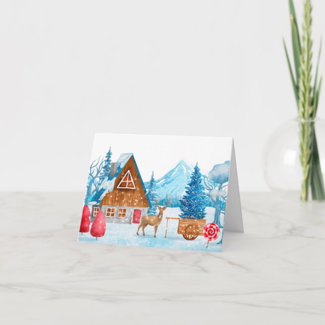 Cartes Pour Fêtes Annuelles Paysage urbain hivernal avec un cerf (Devant)
