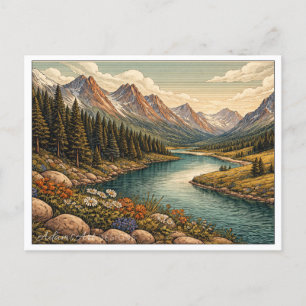 Cartes Pour Fêtes Annuelles Paysage vintage de vallée de rivière alpine serein