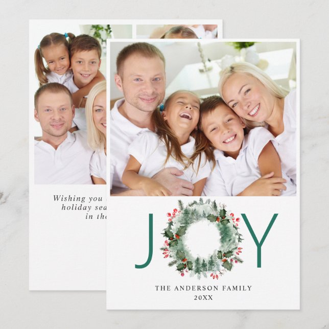 Cartes Pour Fêtes Annuelles Paysage Wreath Holly Berry Pine PHOTO Salutation (Devant / Derrière)