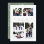Cartes Pour Fêtes Annuelles Peace 5 photo collage simple vert Noël<br><div class="desc">Ce carte photo de vacances a un message de paix et un aménagement minimaliste moderne. Le design aéré dispose de 5 taches photo et de la chambre pour le design personnalisé. Parfait pour une carte de Noël familiale, ce design a également un modèle de couleur vert sage doux et un...</div>