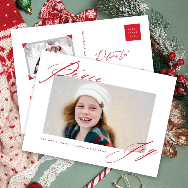 Cartes Pour Fêtes Annuelles Peace And Joy Moderne Calligraphie Rouge Script Ph (Créateur téléchargé)