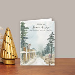 Cartes Pour Fêtes Annuelles Peace and Joy Woodland Path Pays Noël<br><div class="desc">Aquarelle pittoresque carte de noël avec paysage paisible de sentier de campagne, pins et oiseaux boisés dont un hibou et un robin perché sur les poteaux de clôture. Le texte dit "vous souhaitant la paix et la joie pour Noël et le Nouvel An" et le modèle est prêt à vous...</div>