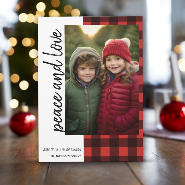 Cartes Pour Fêtes Annuelles Peace and Love 1 Photo Red Black Buffalo Plaid (buffalo plaid in red and black with 1 photo)