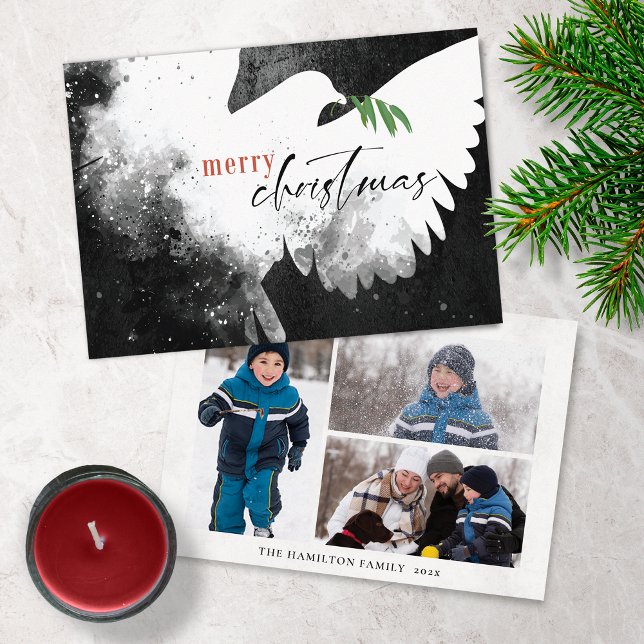 Cartes Pour Fêtes Annuelles Peace Dove Photo Joyeux Noël Noir Blanc (Créateur téléchargé)