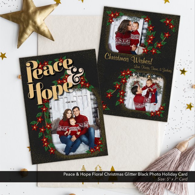 Cartes Pour Fêtes Annuelles Peace & Hope Floral Parties scintillant de Noël Bl (Peace & Hope Christmas Photo Card: Papercut Look with Red, Green, & Gold Glitter Flowers on Black.)