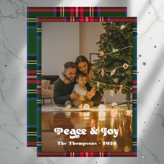 Cartes Pour Fêtes Annuelles Peace & Joy Green Tartan Plaid Family Christmas (Peace & Joy Green Tartan Plaid Family Christmas Holiday Card)