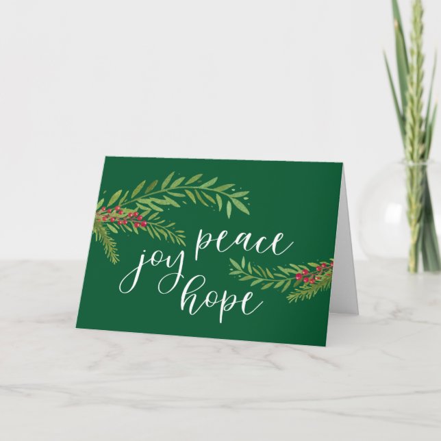 Cartes Pour Fêtes Annuelles Peace Joy Hope Aquarelle Verdure Noël (Devant)