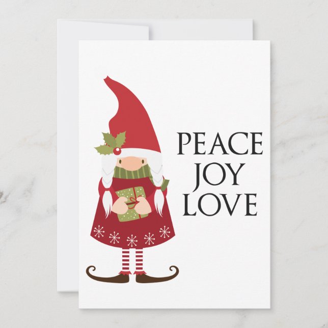 Cartes Pour Fêtes Annuelles Peace Joy Love Girl Gnome personnalisable (Devant)