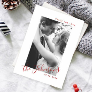 Cartes Pour Fêtes Annuelles Peace Joy Love Nom photo Classic Rouge & Blanc