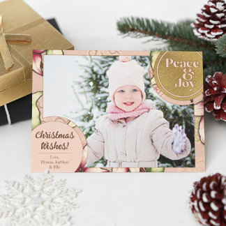 Cartes Pour Fêtes Annuelles Peace & Joy, Rose, Gold Poinsettia Photo