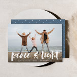 Cartes Pour Fêtes Annuelles Peace & Light | Full Photo Hanukkah<br><div class="desc">Modern Hanukkah photo cards feature your favorite image with "Peace and light" overlaid in white hand lettered brush typography,  with your names and the year beneath.</div>