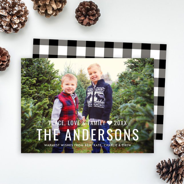 Cartes Pour Fêtes Annuelles Peace Love and Family Black Buffalo Plaid Photo (Créateur téléchargé)