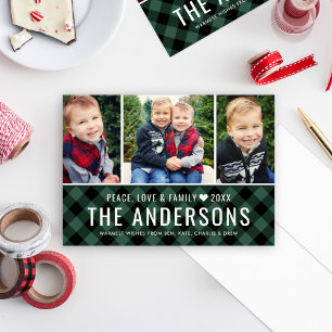 Cartes Pour Fêtes Annuelles Peace Love and Family Green Plaid Photo Collage