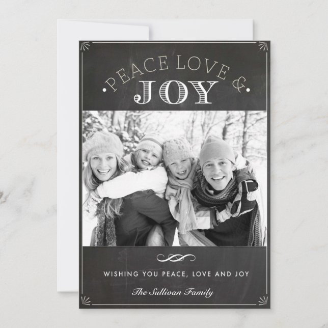 Cartes Pour Fêtes Annuelles Peace Love and Joy Faux Chalkboard Christmas Photo (Devant)
