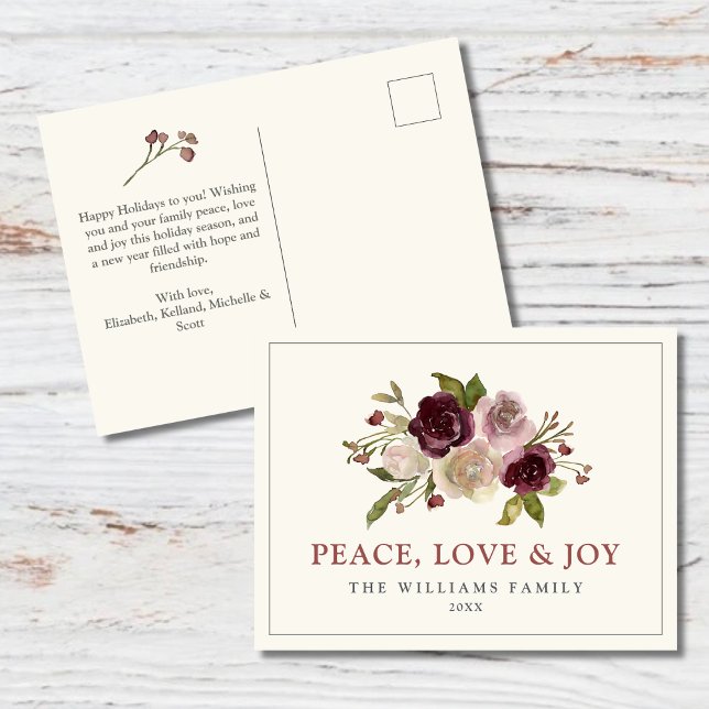 Cartes Pour Fêtes Annuelles Peace Love and Joy Winter Bouquet (Créateur téléchargé)
