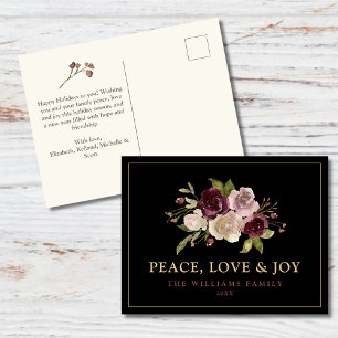 Cartes Pour Fêtes Annuelles Peace Love and Joy Winter Bouquet Noir