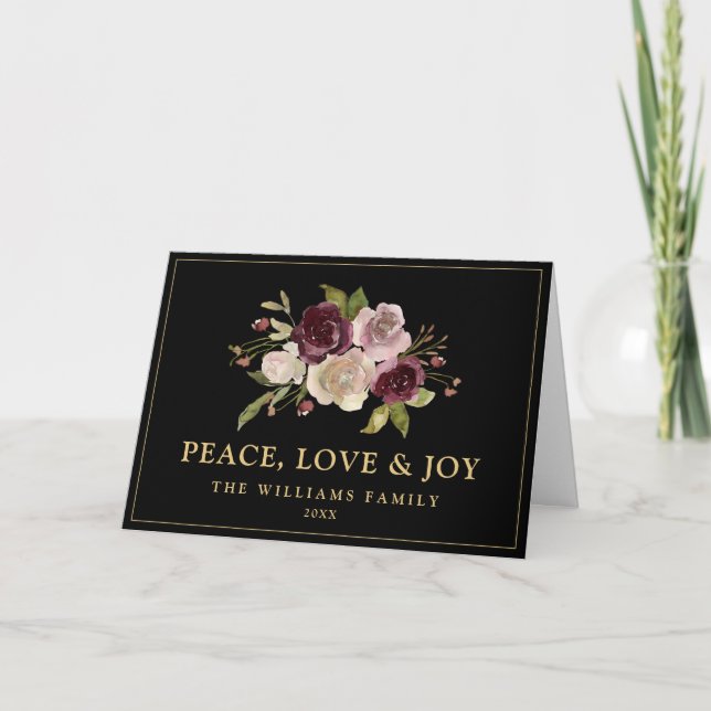 Cartes Pour Fêtes Annuelles Peace Love and Joy Winter Bouquet Noir Folle (Devant)
