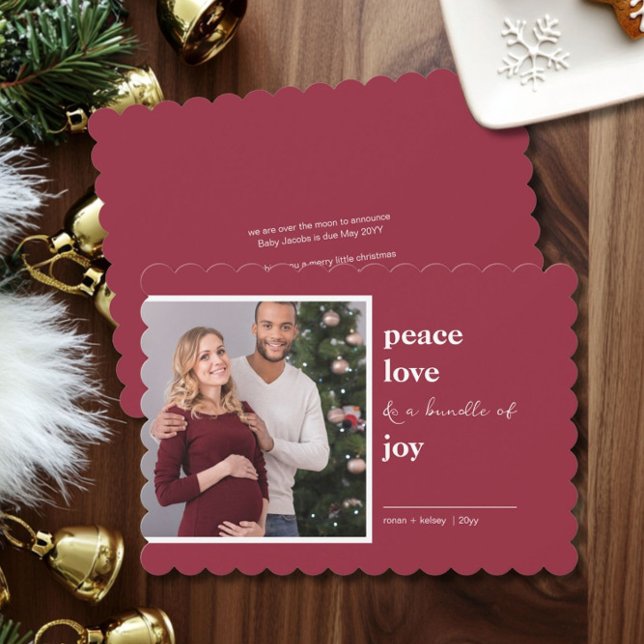 Cartes Pour Fêtes Annuelles Peace Love Bundle of Joy Carré Photo Noël (Peace Love and a Bundle of Joy - Christmas Card Pregnancy Announcement by Darling & May)