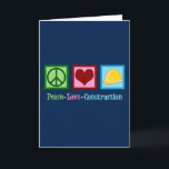 Cartes Pour Fêtes Annuelles Peace Love Construction<br><div class="desc">Peace Love Construction. Un cadeau d'entreprise de construction cool pour vos ouvriers avec un signe de paix,  un coeur,  et un casquette dur jaune. Un beau cadeau pour obtenir un contremaître à donner à son équipage ou à son ouvrier de construction.</div>