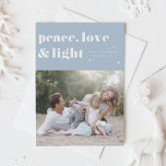 Cartes Pour Fêtes Annuelles Peace Love et Light Blue Hanoukka Photo<br><div class="desc">Paix, amour et lumière. | Envoyez vos salutations Hanoukka à votre famille et à vos amis avec cette carte Hanoukka personnalisable. Il présente une typographie rétro et audacieuse. Personnalisez cette carte Hanoukka photo en ajoutant vos détails. Cette carte Hanoukka personnalisée est disponible en d'autres couleurs et en carton. Des articles...</div>