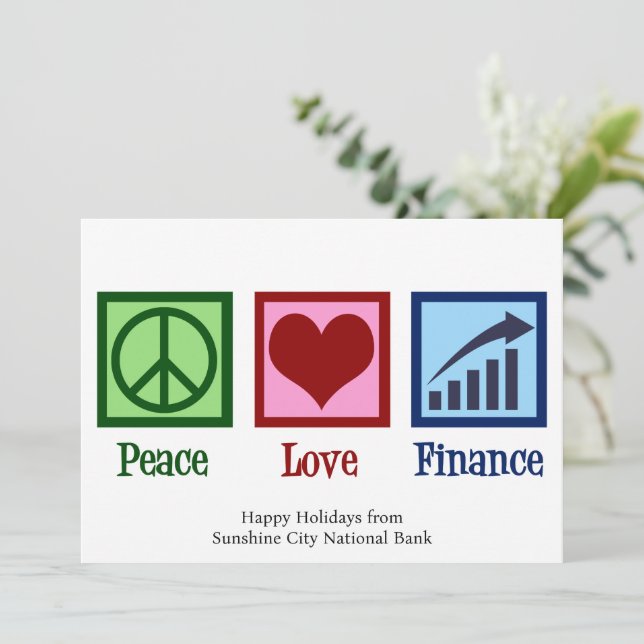 Cartes Pour Fêtes Annuelles Peace Love Finance personnalisable Banque Noël (Debout devant)