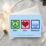 Cartes Pour Fêtes Annuelles Peace Love Hanoukka Cute Custom Blue<br><div class="desc">Peace Love Hanoukka carte pour une personne juive qui aime célébrer Chanukah. Joli signe de paix,  coeur,  et une belle menorah sur une jolie carte bleue de vacances.</div>
