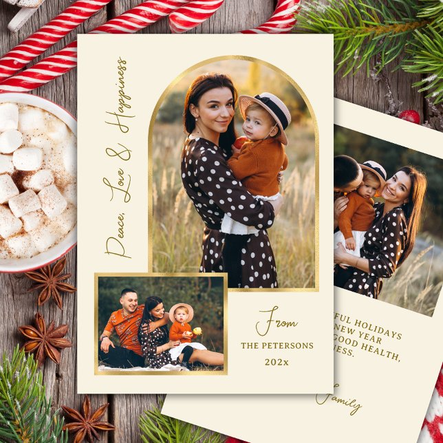 Cartes Pour Fêtes Annuelles Peace Love Hapiness Script Gold Arch 3 Photo  (Créateur téléchargé)