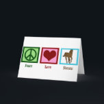 Cartes Pour Fêtes Annuelles Peace Love Horses<br><div class="desc">J'adore les beaux chevaux. Un joli signe de paix vert,  un coeur rouge et un cheval marron sur un carré bleu font une jolie carte de Noël équestre.</div>