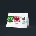 Cartes Pour Fêtes Annuelles Peace Love Horses<br><div class="desc">J'adore les beaux chevaux. Un joli signe de paix vert,  un coeur rouge et un cheval marron sur un carré bleu font une jolie carte de Noël équestre.</div>