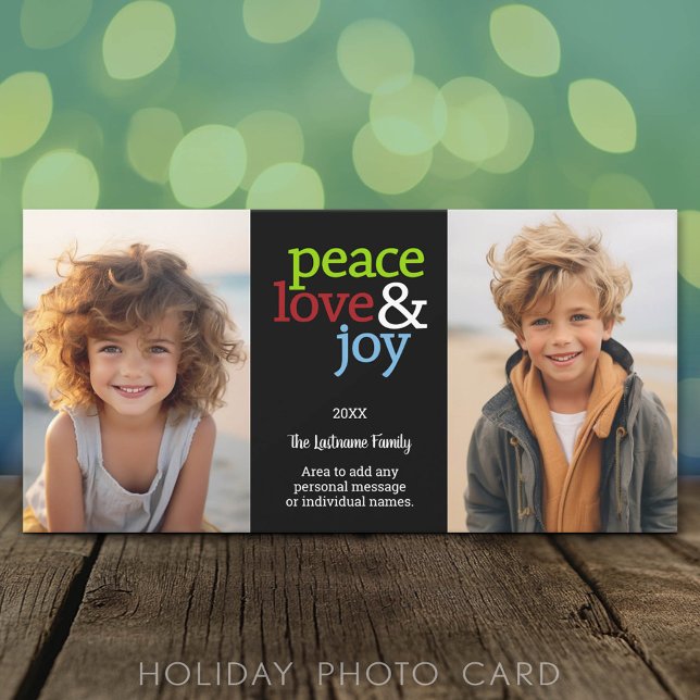 Cartes Pour Fêtes Annuelles Peace Love Joy - 2 Photo - rouge vert bleu (Classic Holiday Photo Card)