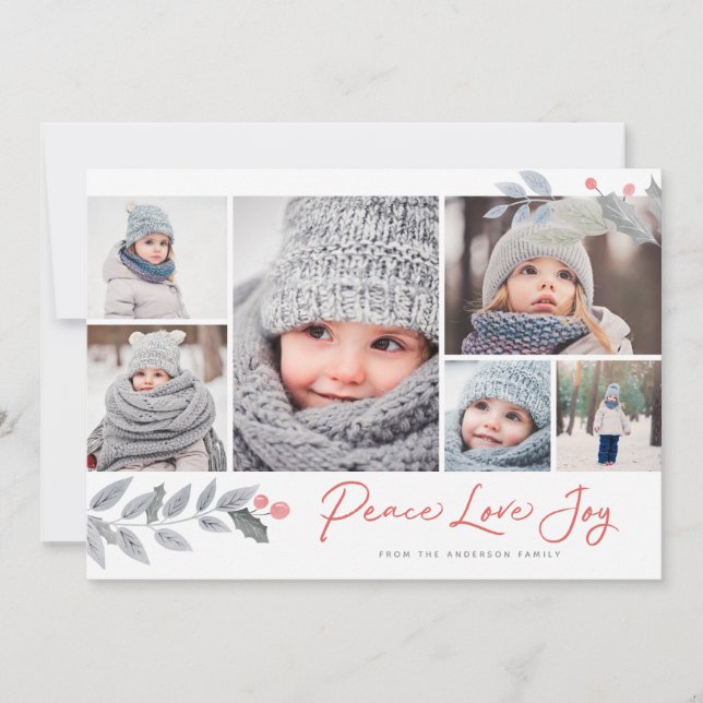 Cartes Pour Fêtes Annuelles Peace Love Joy Berry Christmas Multi-Photo Collage (Devant)